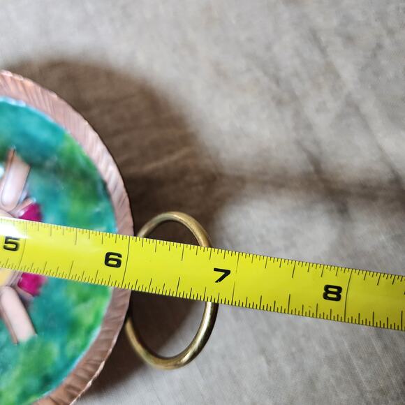 Vintage Round Copper Enamel Jewelry Tray-Unique Boho Trinket Dish with Handles - Picture 6 of 7